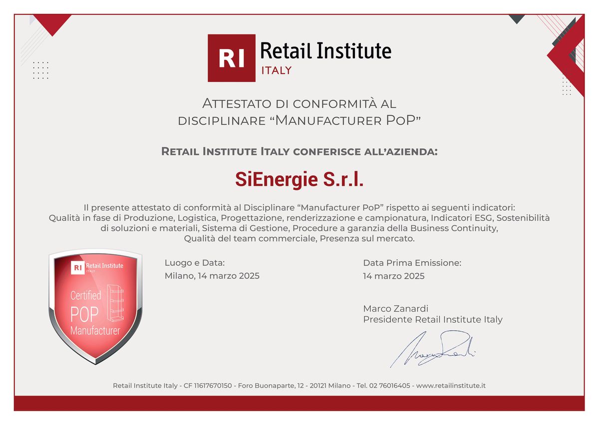 Certificazione POP Manufacturer Rretail Institute di Sienergie Cartotecnica